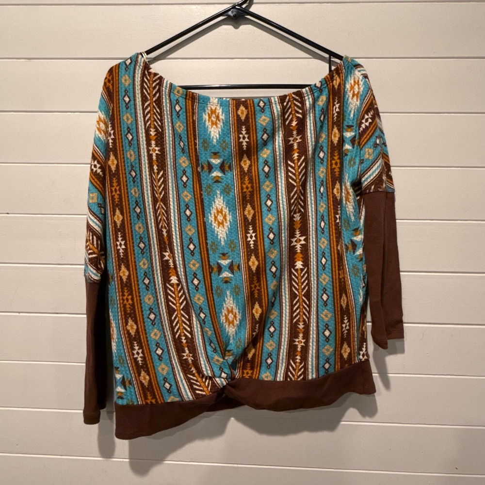 Panhandle Southwestern Waffle Knit Twist Front Top Womens Small Blue Brown 1932